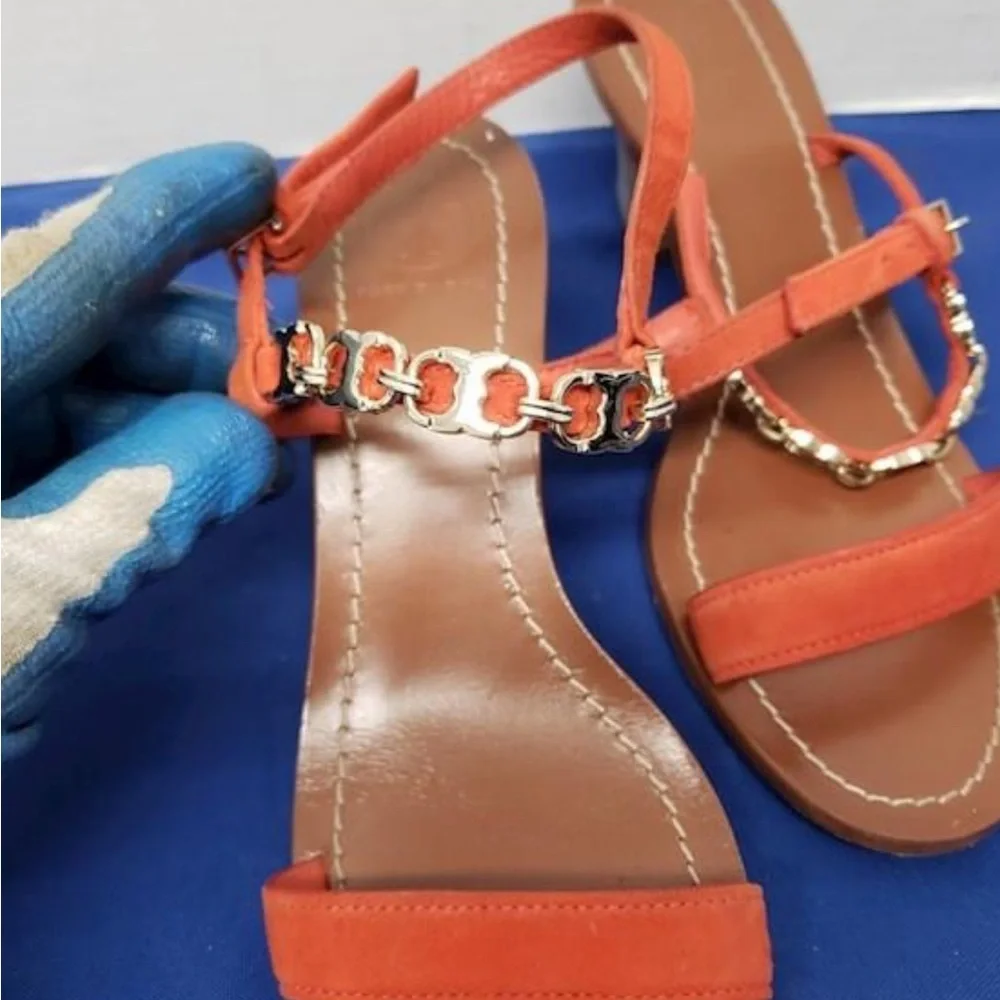 🛑 1 hour sale. Tory Burch, Orange Sandals with Chain Detail, 6.5. Worn once. - Picture 6 of 12